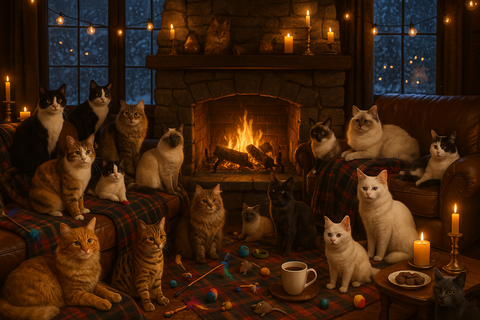 add 10 more cats. more toys. more atmosphere. make realism. make a scene. like for a magazine cover.