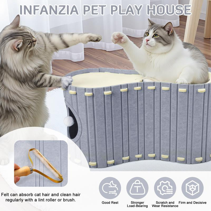 Cat House for Indoor Cats - Felt Covered Bed Cave with Ball Hanging, 28