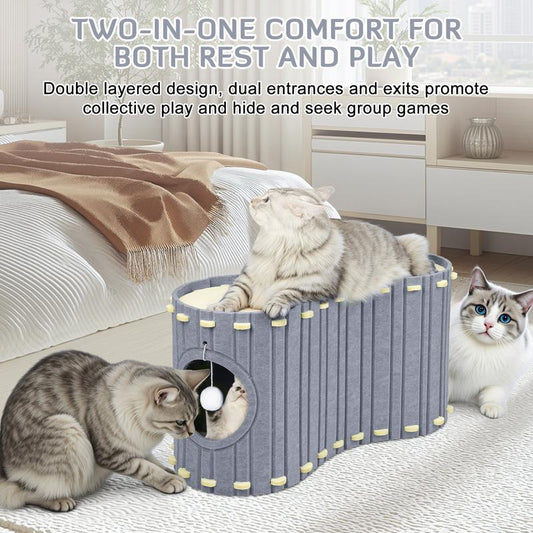 Cat House for Indoor Cats - Felt Covered Bed Cave with Ball Hanging, 28" Foldable Cat Condo for Multiple & Large Pets up to 30Lbs, Scratch-Resistant Cat Tunnel Hideaway