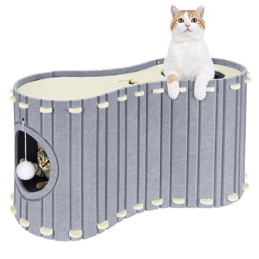 Cat House for Indoor Cats - Felt Covered Bed Cave with Ball Hanging, 28" Foldable Cat Condo for Multiple & Large Pets up to 30Lbs, Scratch-Resistant Cat Tunnel Hideaway