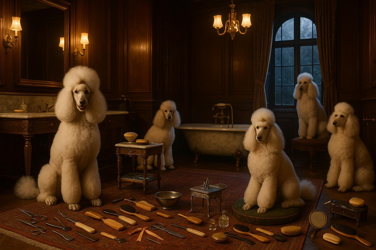 realistic photo 5 king poodles old school grooming routine in a old school evening bathroom all in huge old english mansion. 15 different old school tools for pet grooming. no humans. natural. 